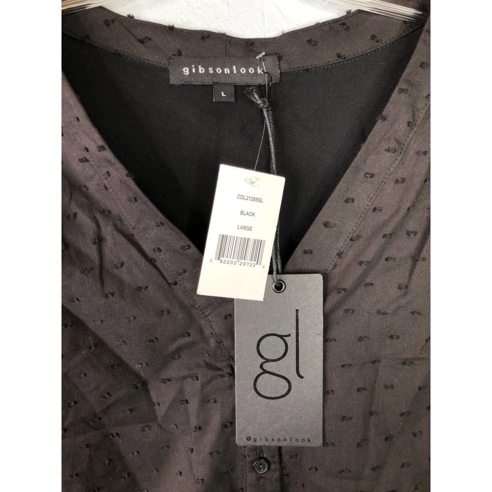 Gibson Look Textured Top with Puffy‎ Short Sleeves, Black, Sz L - Picture 2 of 6
